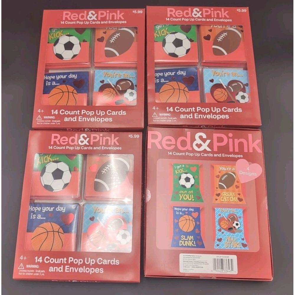 Red & Pink Pop Up Cards & Envelopes Fruity Lot of 4 Boxes = 56 Valentines